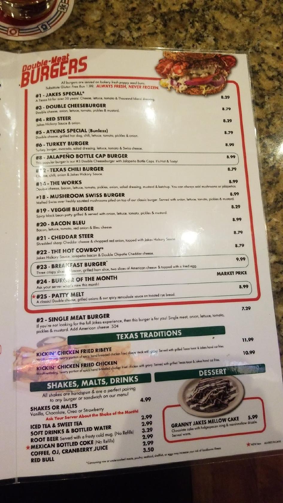 Menu At Jakes Burgers And Beer Pub And Bar Grand Prairie