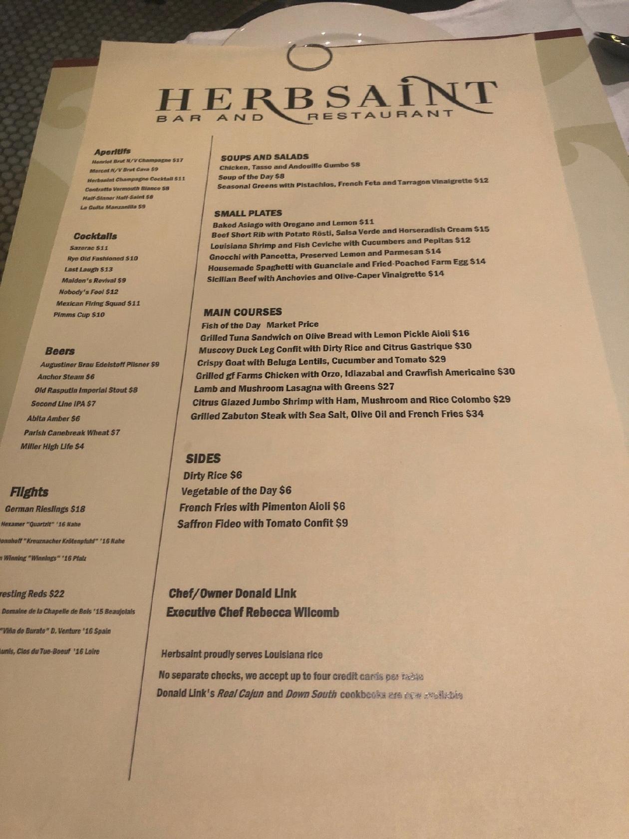 Menu at Herbsaint restaurant, New Orleans