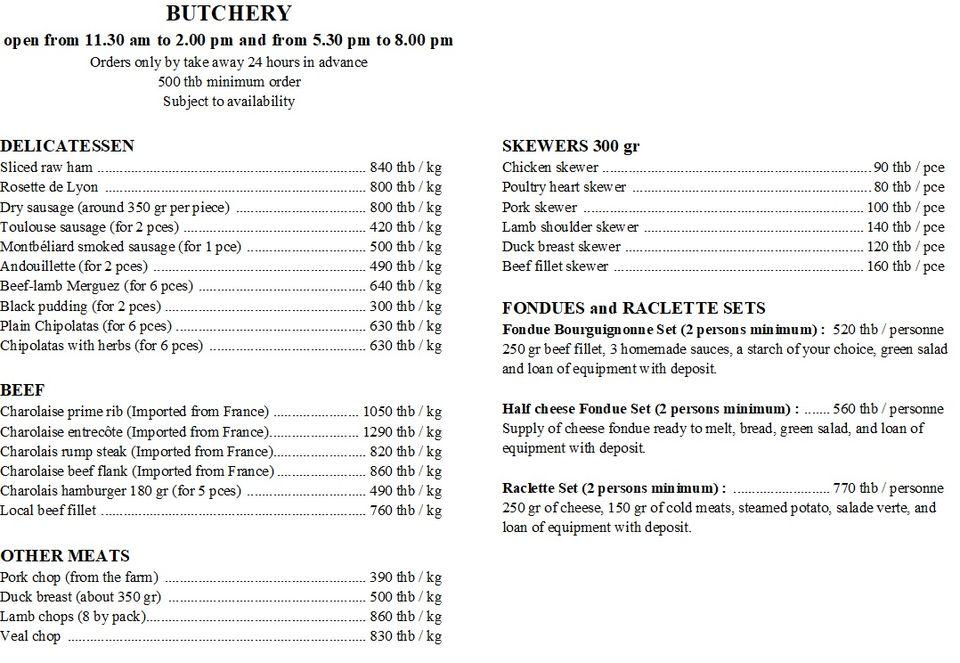 Menu at La Côte de Boeuf Koh Samui, Ko Samui