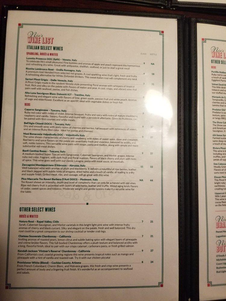 Menu at Nic's Italian Steak & Crab House restaurant, Cottonwood