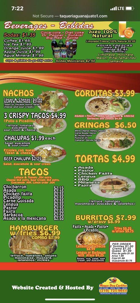 Menu At Taqueria Guanajuato Restaurant San Antonio Randolph Blvd