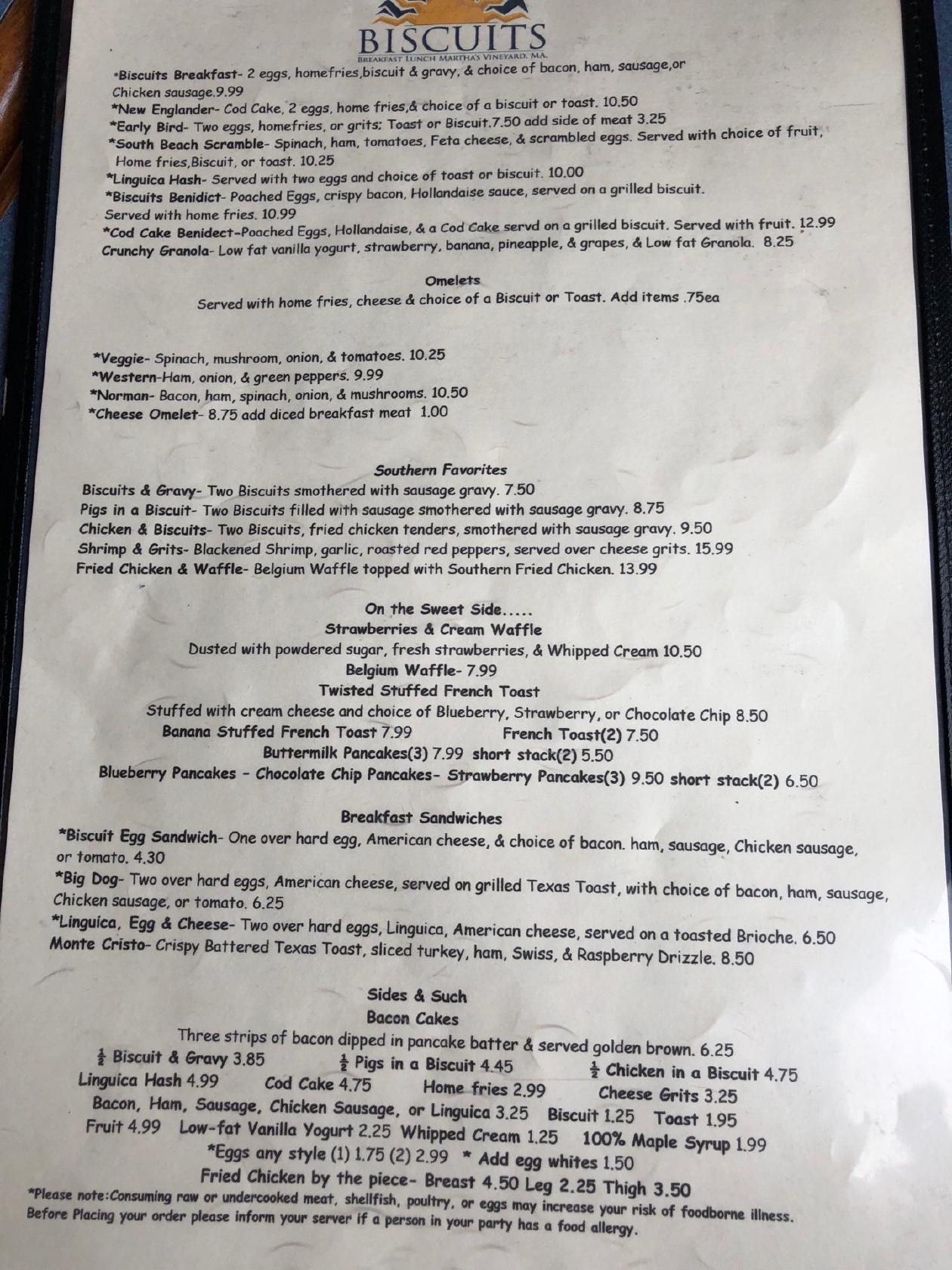 Menu at Biscuits restaurant, Oak Bluffs