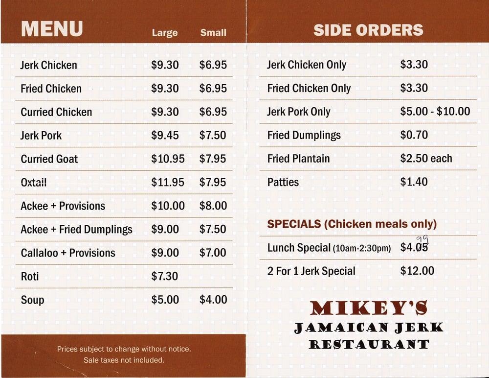 Menu at Mikey's Jamaican Restaurant & Pub, Waterbury