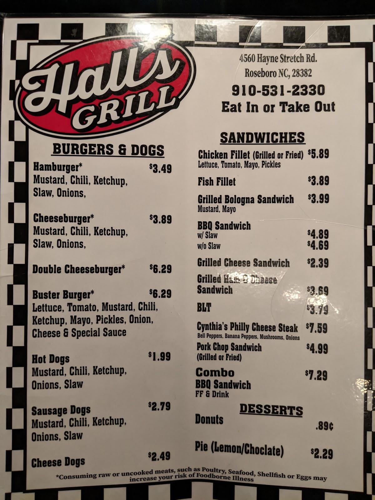 Menu at Hall's Grill restaurant, Roseboro