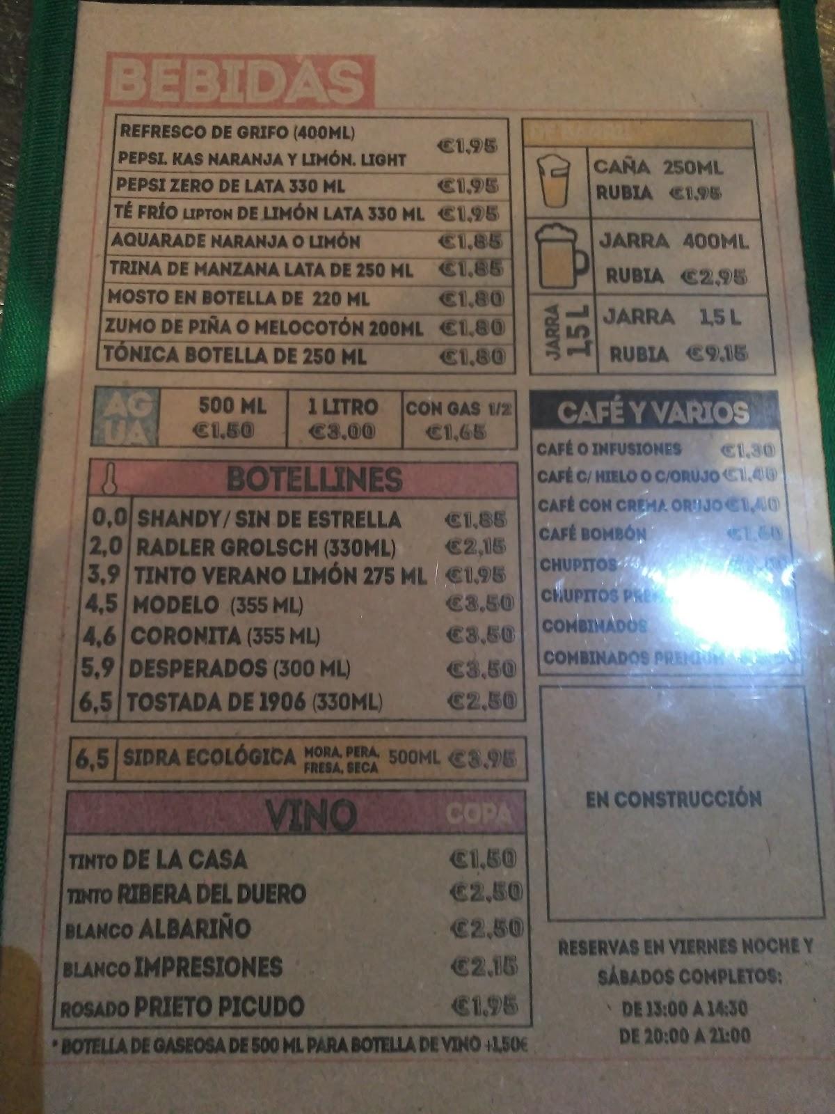 Menu at The Club House, León