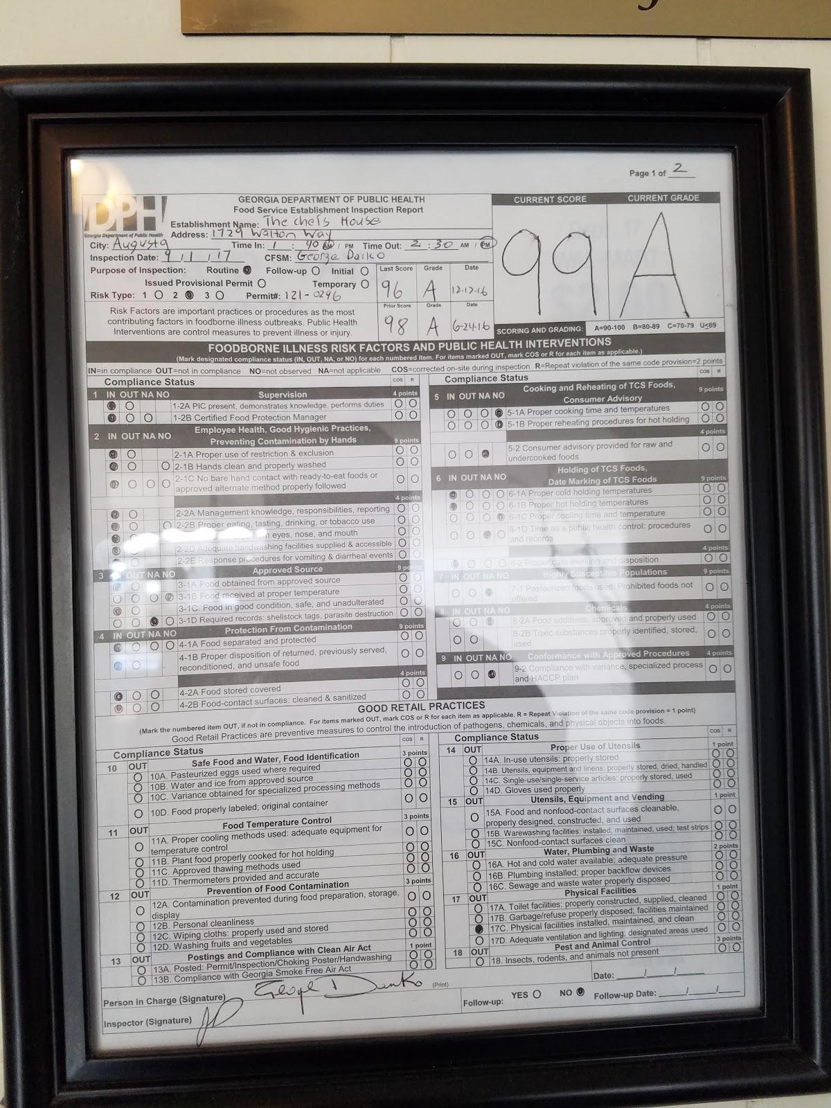 Menu at Chef's House restaurant, Augusta