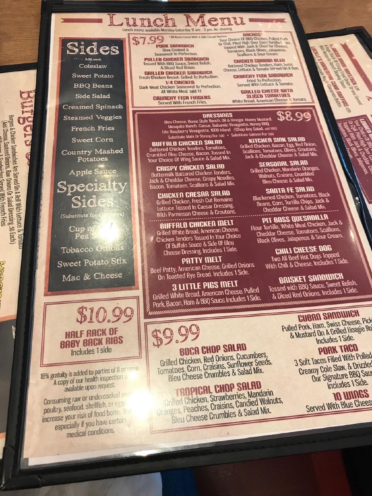 Menu at Lucilles BBQ, Boca Raton, W Atlantic Ave