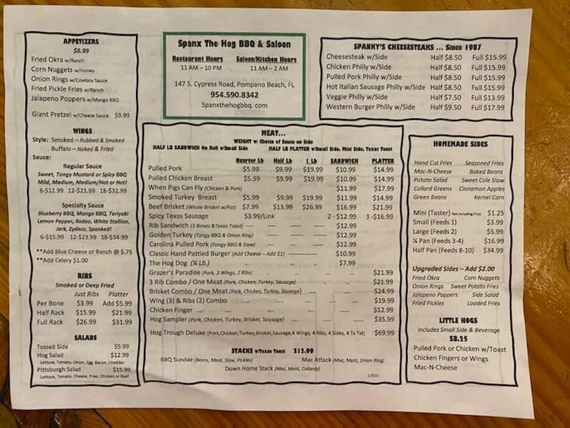 Menu at Spanx the Hog BBQ & Saloon, Pompano Beach