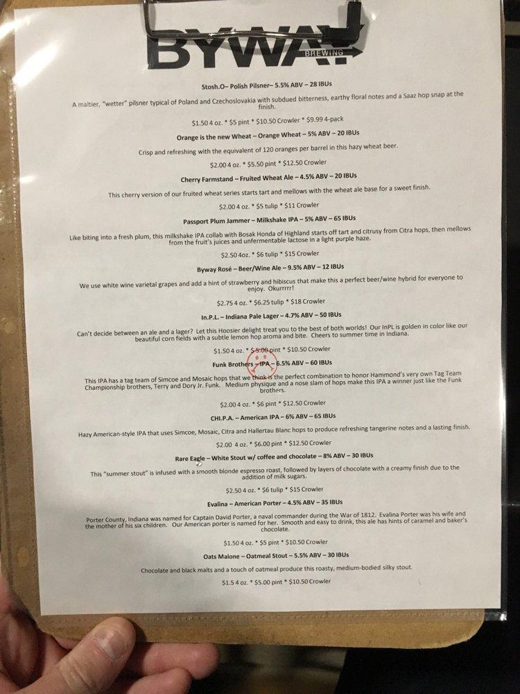 Menu at Byway Brewing pub & bar, Hammond