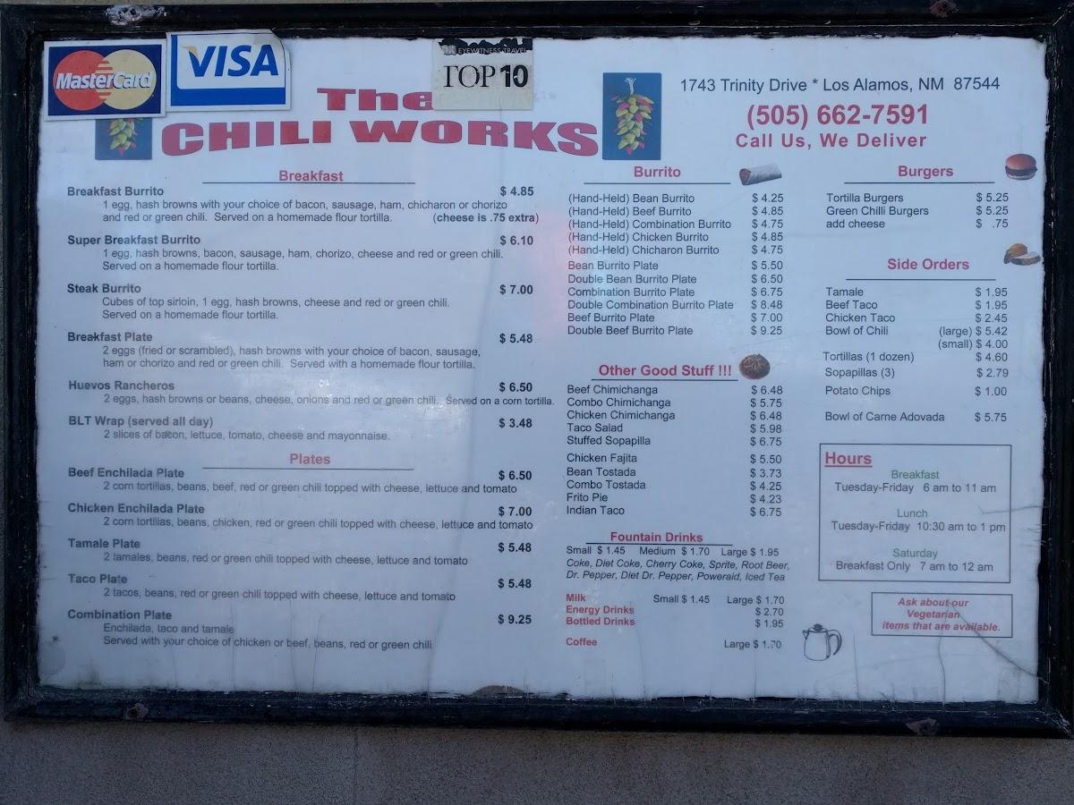 Menu at Chili Works restaurant, Los Alamos, Trinity Dr