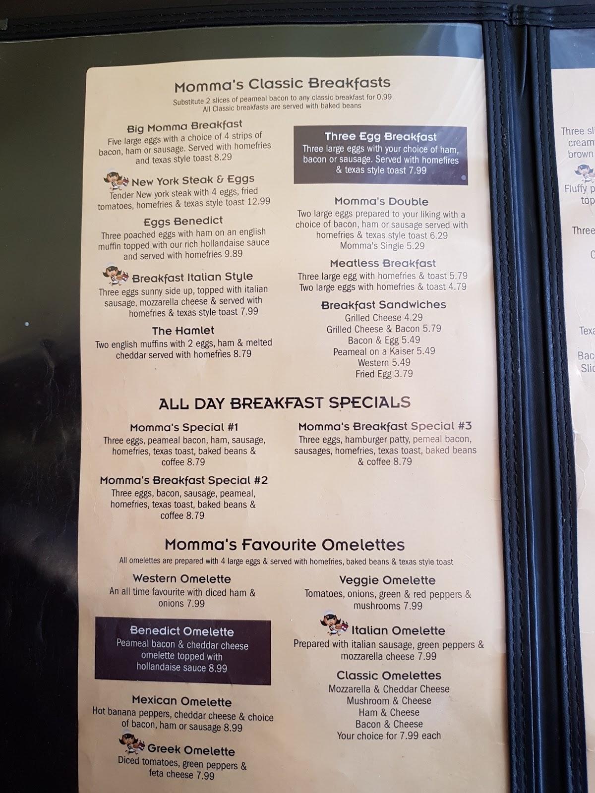 Menu at Momma's Diner restaurant, Quinte West