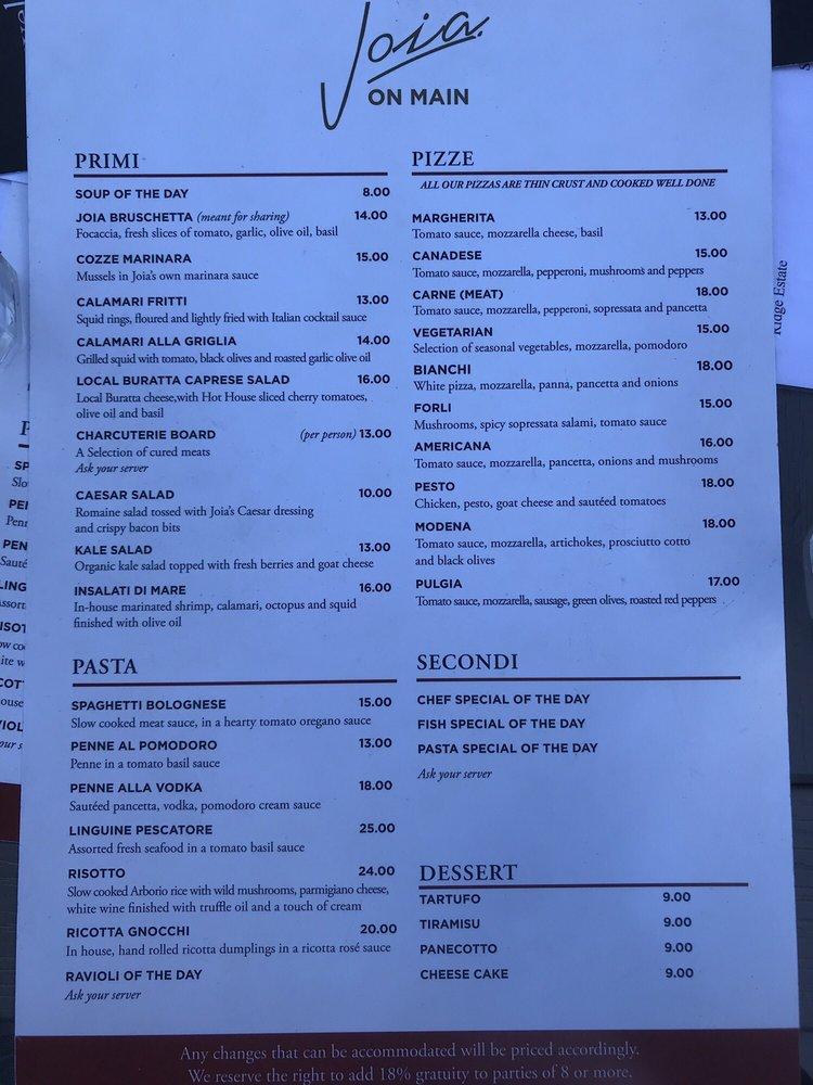 Menu at Joia on Main pub & bar, Newmarket