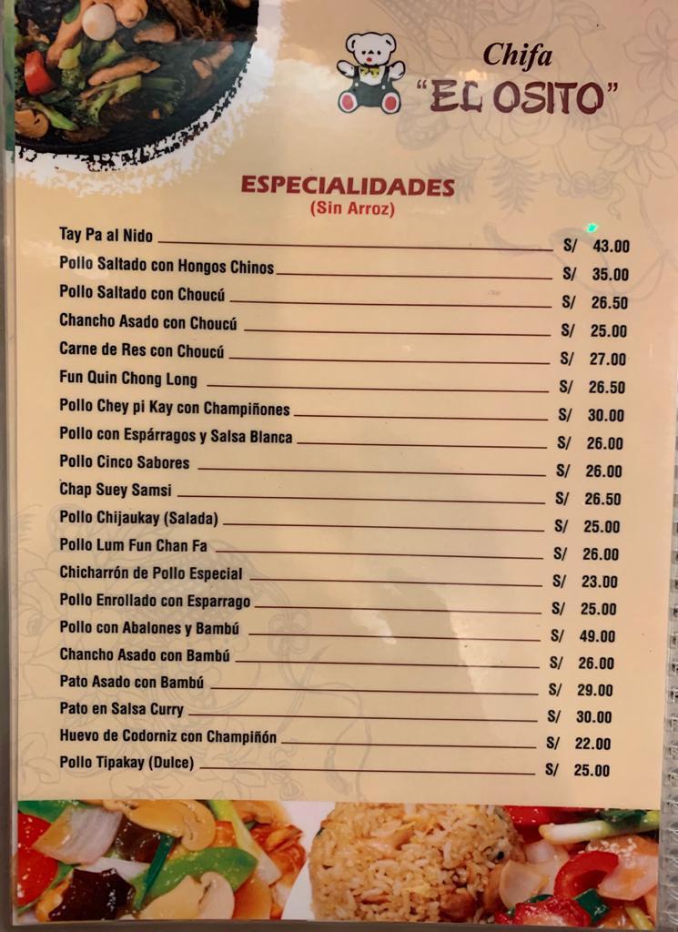 Menu at Chifa El Osito Callao restaurant, Callao District