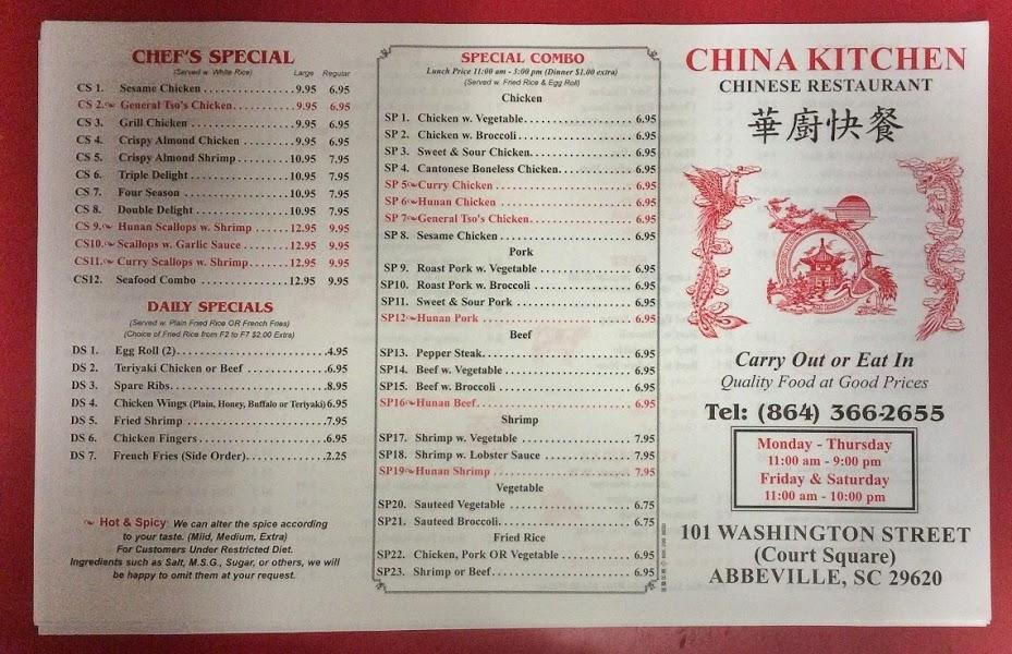 Menu at China Kitchen restaurant, Abbeville
