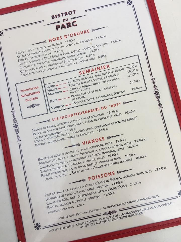 Menu at Le Bistrot Du Parc restaurant, Neuilly-sur-Seine, 15 Bd Jean Mermoz