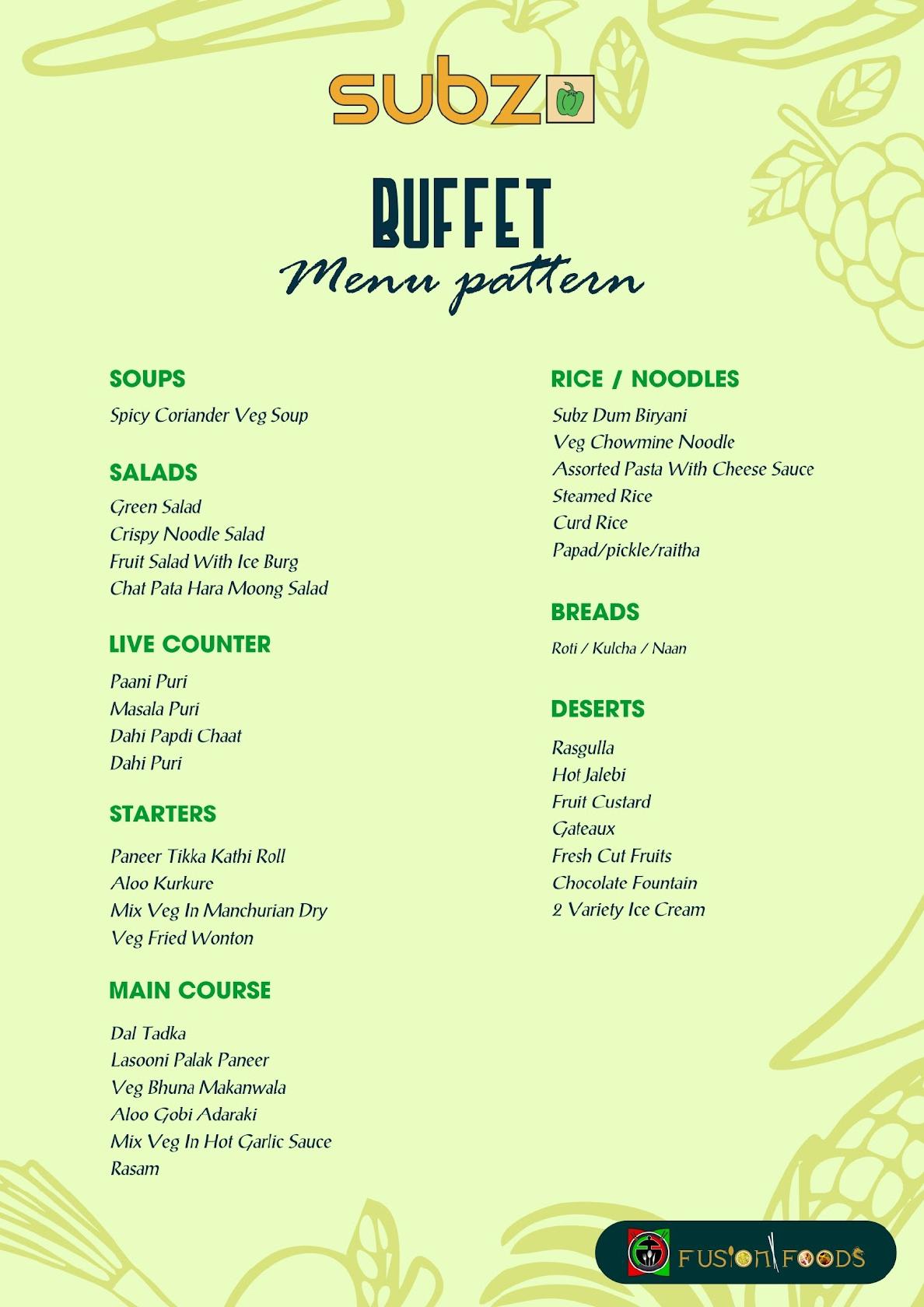 Menu at Subz, Bengaluru
