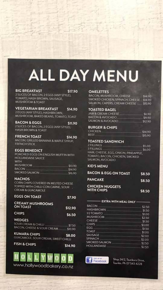 Menu at Hollywood Bakery Espresso, Tauranga, Tauranga Crossing