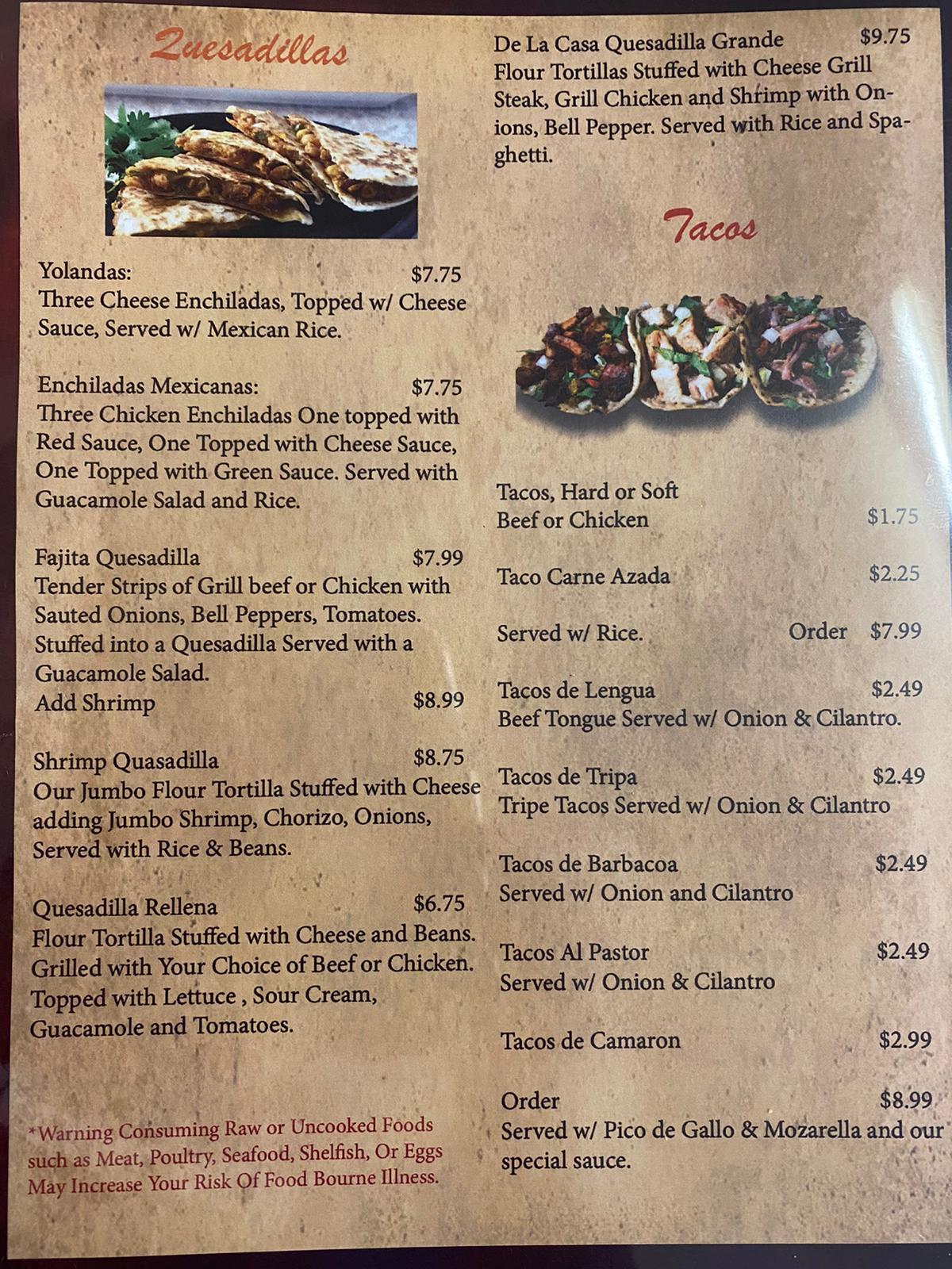 Menu at Tacos la casita restaurant, Blytheville