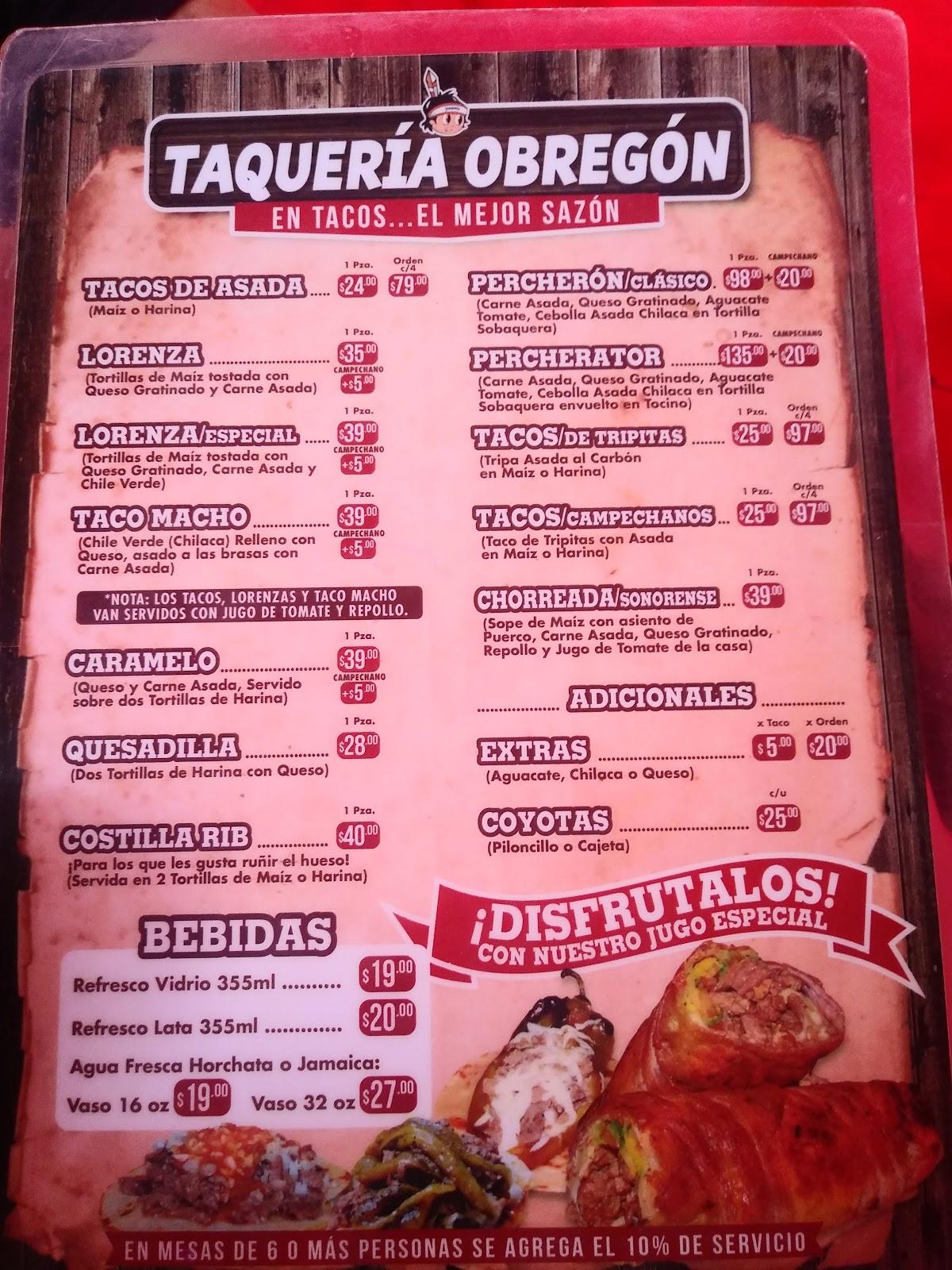 Carta del restaurante Taqueria Obregon, Chihuahua, Montes Americanos