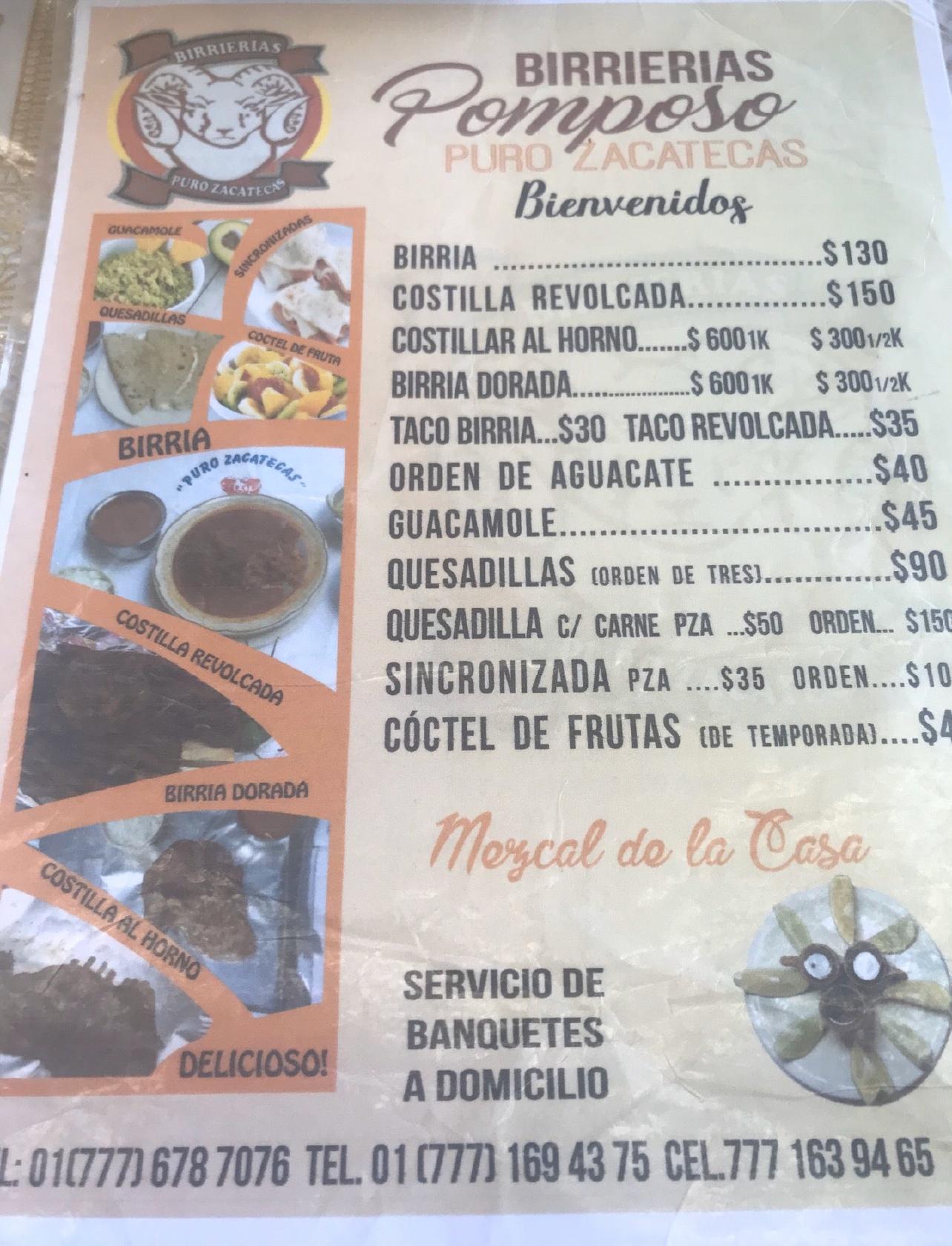 Menu at Birrierias Pomposo Puro Zacatecas restaurant, Alpuyeca, Xochitepec  Mor.
