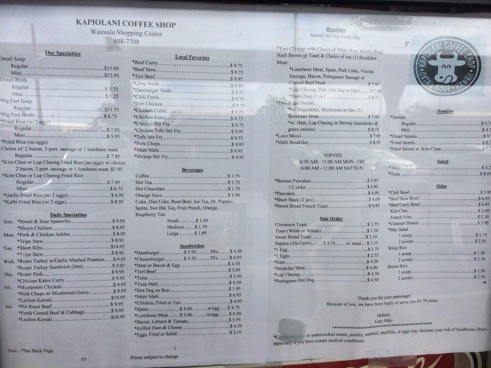 Menu at Kapiolani Coffee ShopWaimalu restaurant, Aiea, 98020
