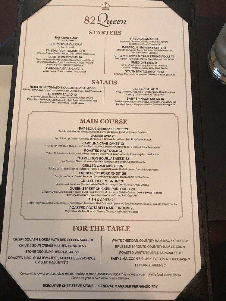 Menu at 82 Queen restaurant, Charleston