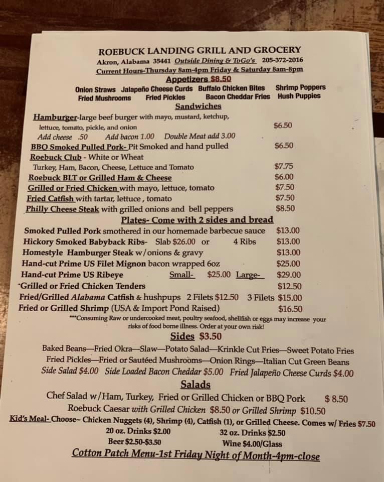 Menu at Roebuck Landing Grill & Grocery restaurant, USA