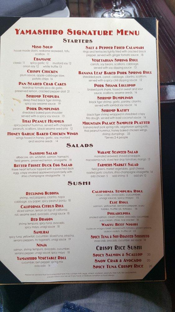 Menu at Yamashiro Hollywood restaurant, Los Angeles