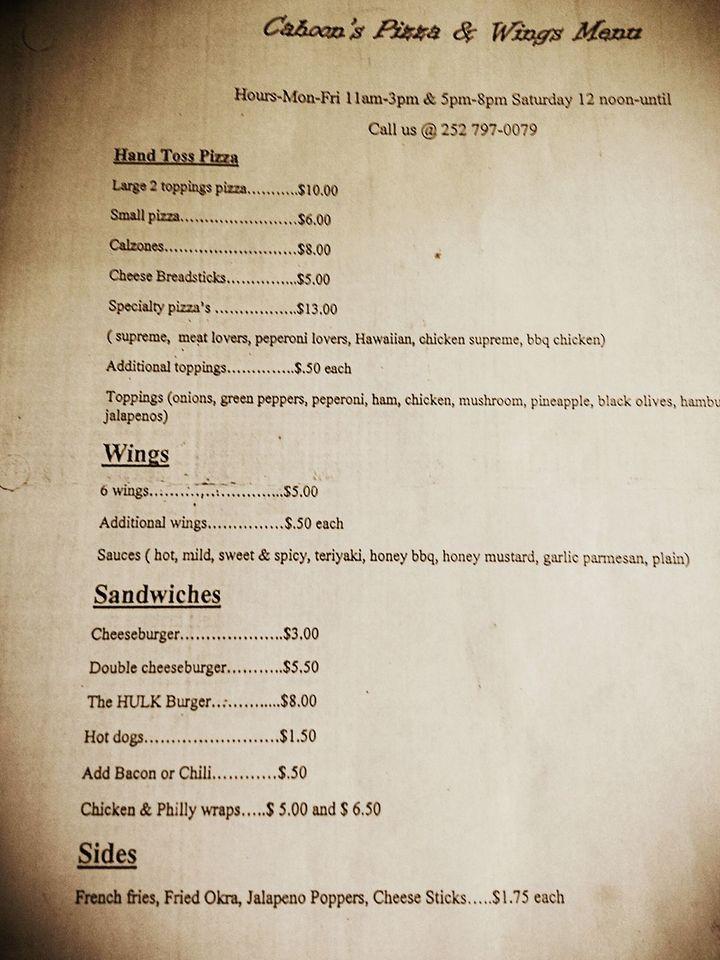Menu at Cahoon's Pizza & Wings restaurant, Creswell