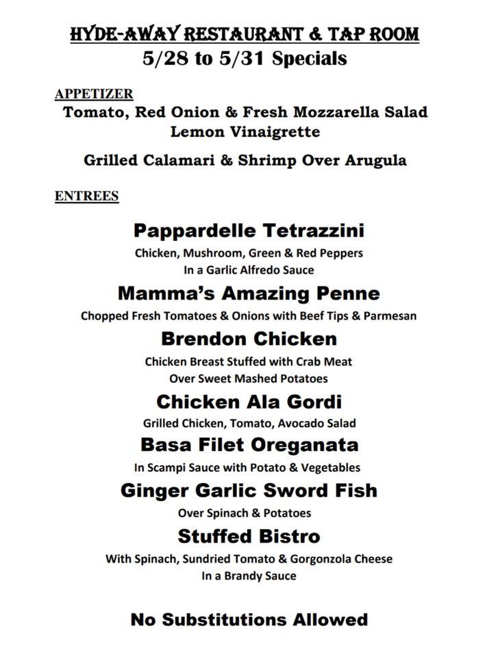 Menu at Hyde-Away Restaurant & Tap Room, Fredon Township