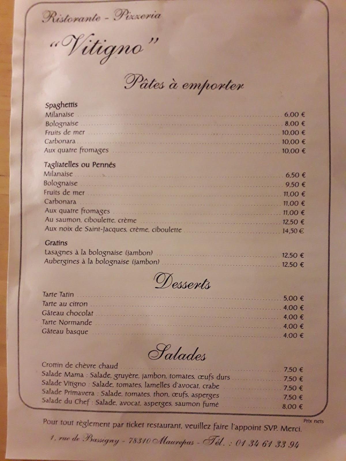 Menu at Pizzéria Vitigno restaurant, Maurepas