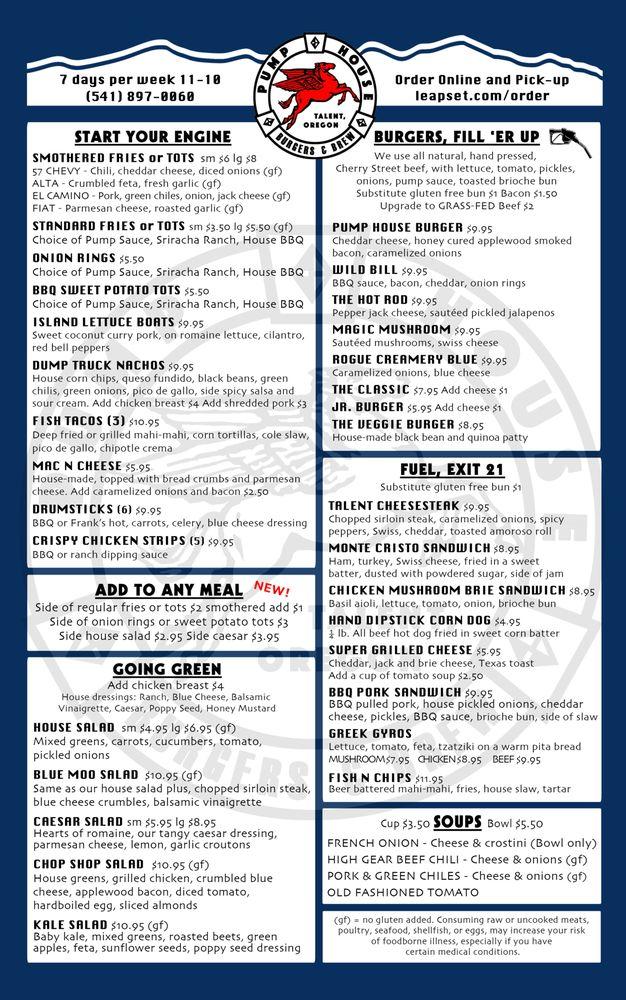 Menu at Pump House Burgers and Brew pub & bar, Talent