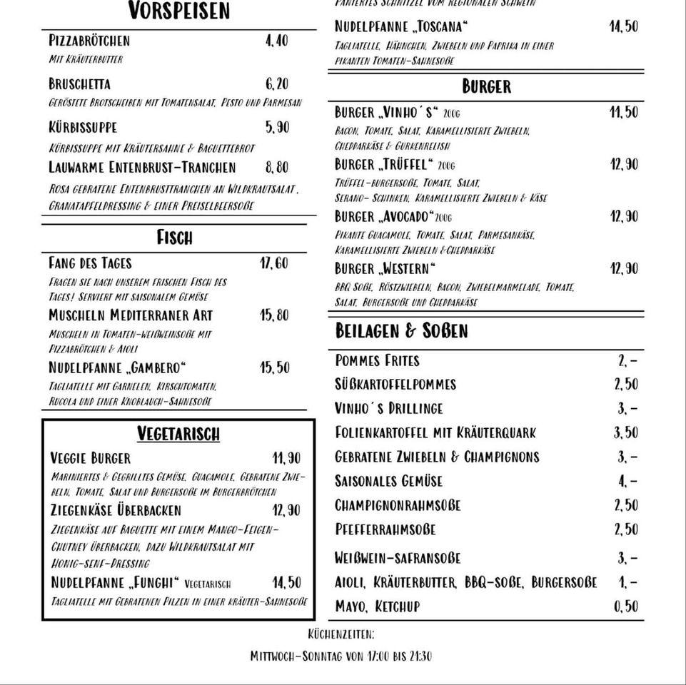 Speisekarte von Vinho's zum Turm restaurant, Kleve