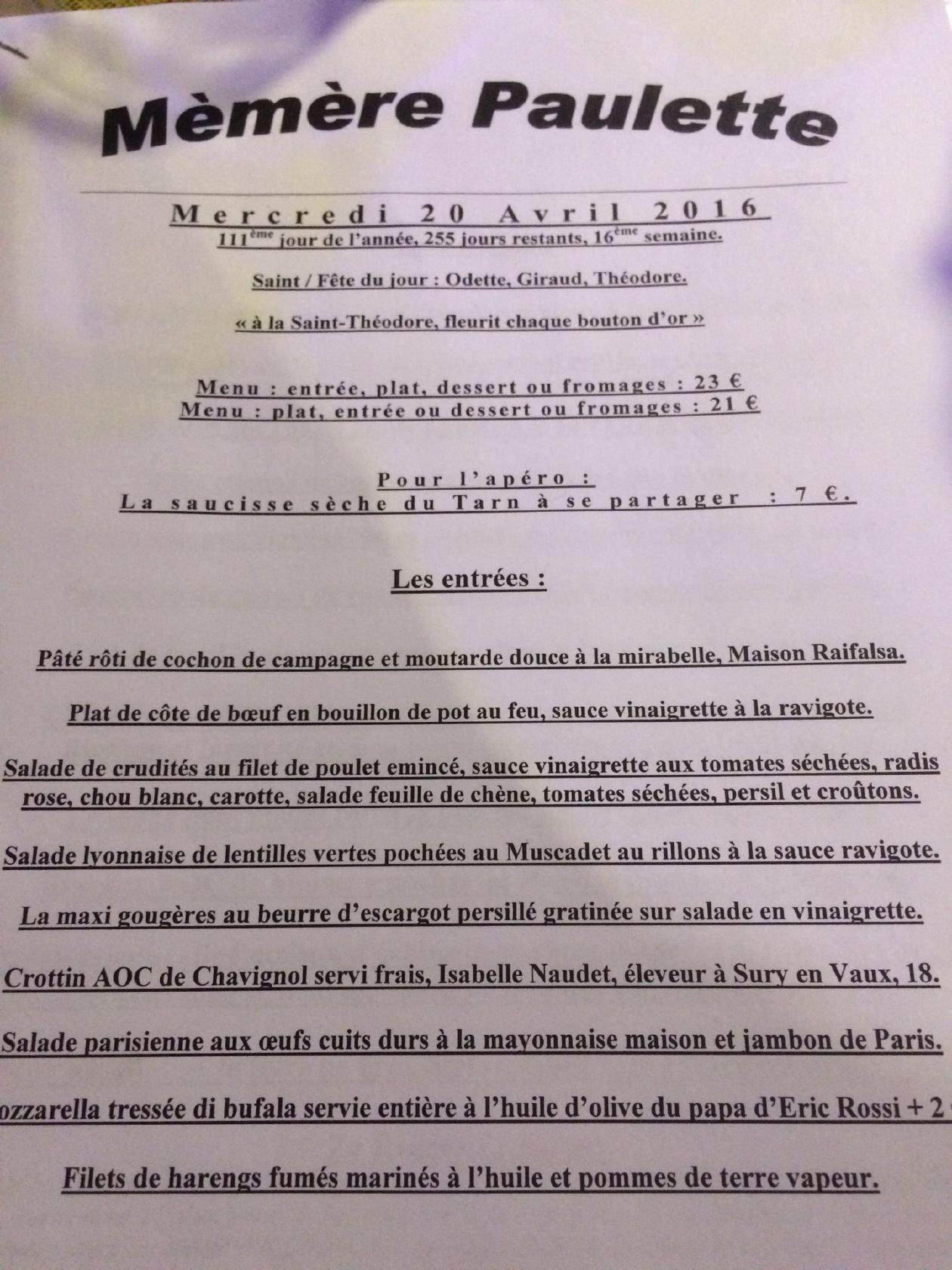 Menu at Mémère Paulette pub & bar, Paris