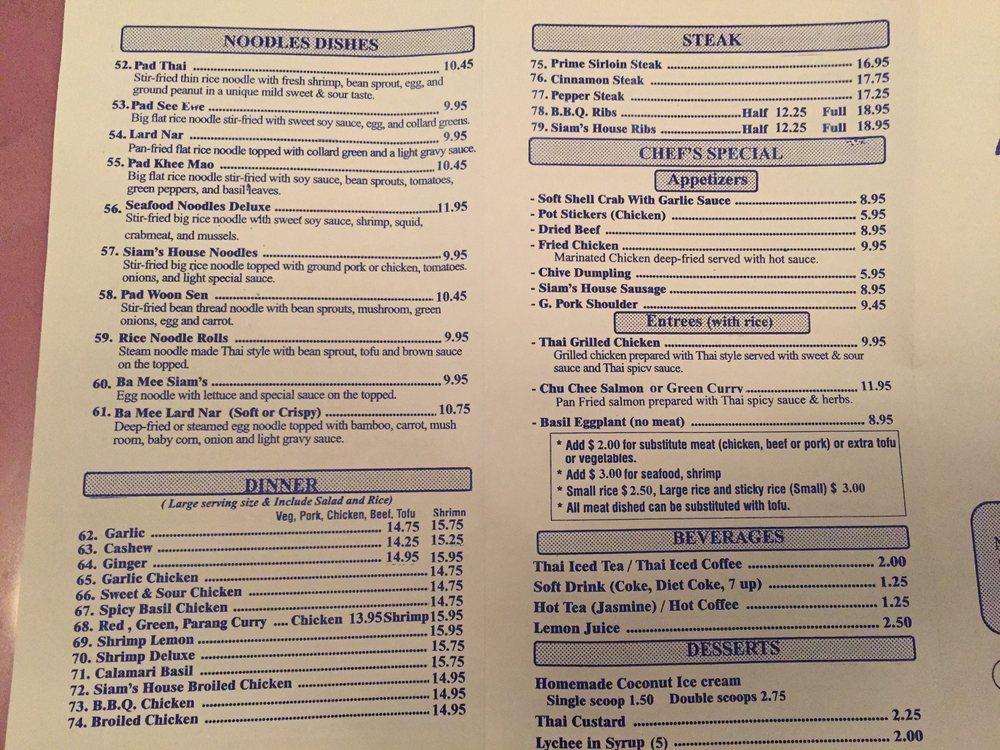 Menu at Siam's House Restaurant, Niles