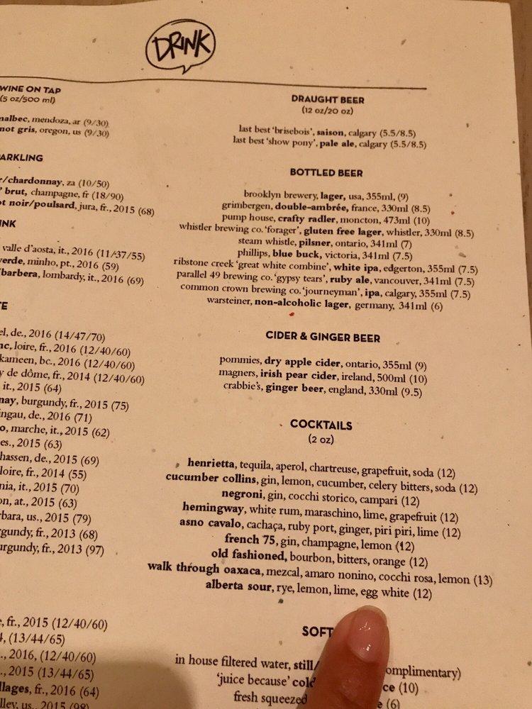 Menu at Ten Foot Henry restaurant, Calgary