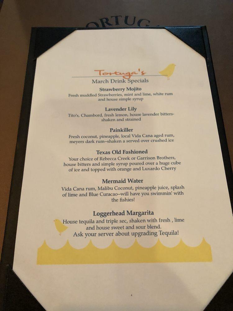 Menu at Tortuga's Saltwater Grill steakhouse, Port Aransas