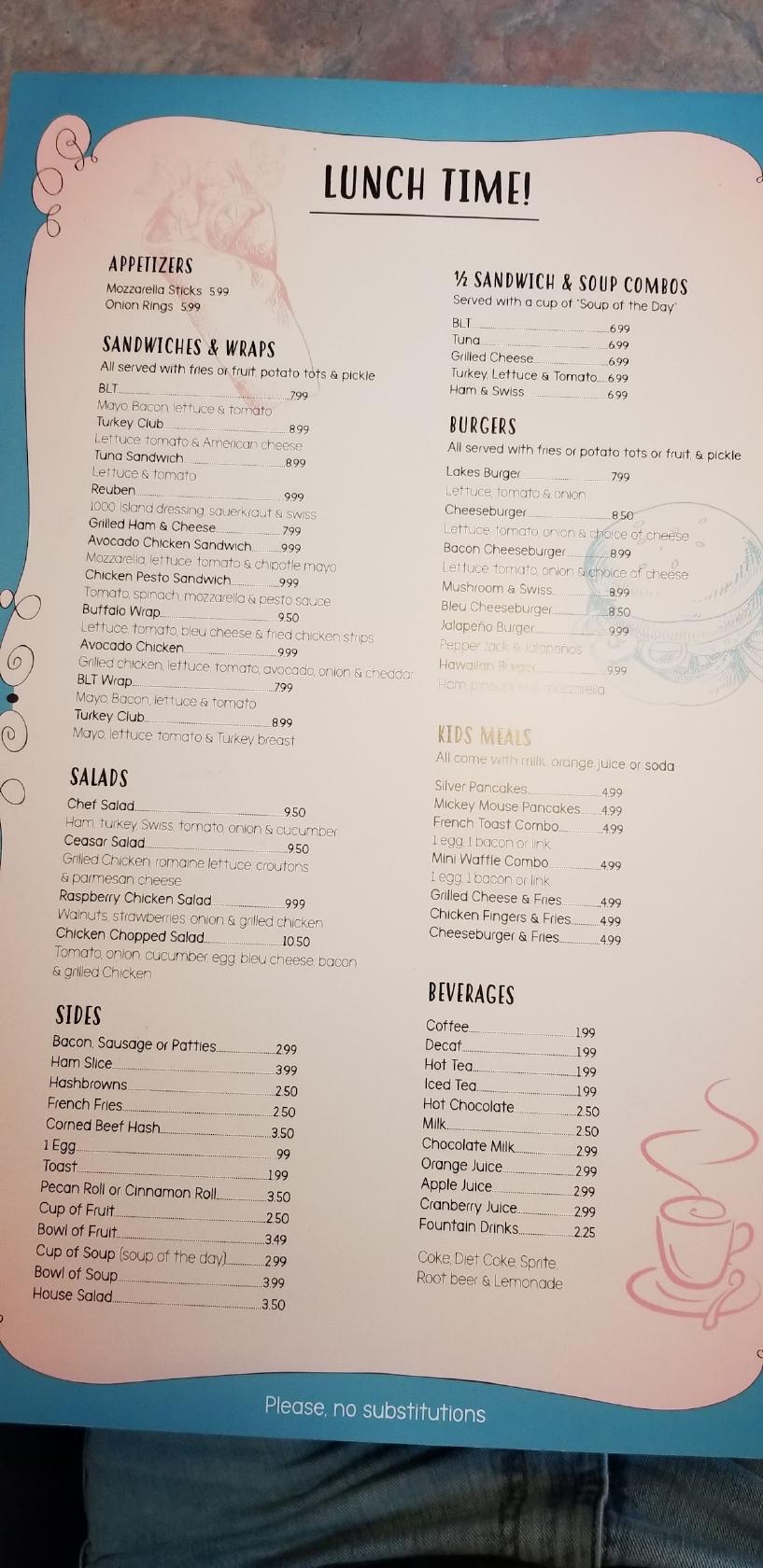 Menu at Lake's Pancake House restaurant, Antioch