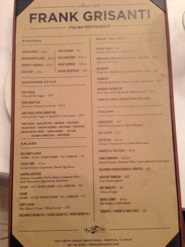 Menu at Frank Grisanti's Restaurant, Memphis