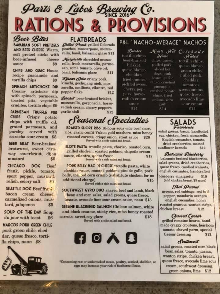 Menu at Parts and Labor Brewing Company pub & bar, Sterling