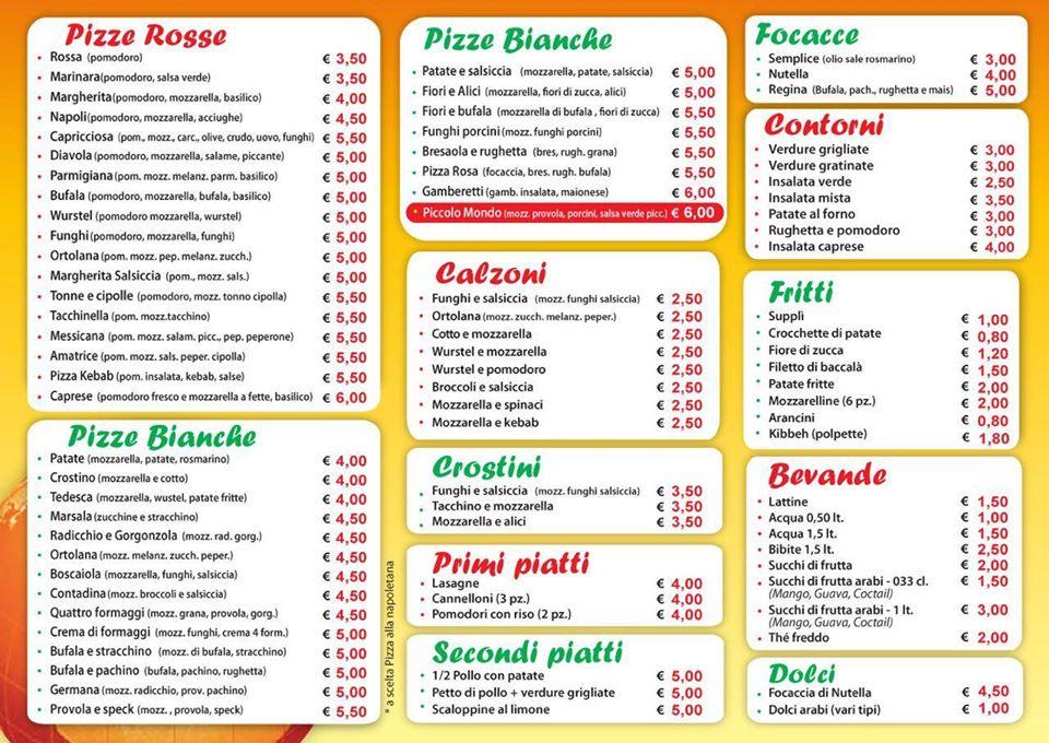 Menu at Piccolo Mondo pizzeria, Rome, Via Tripoli