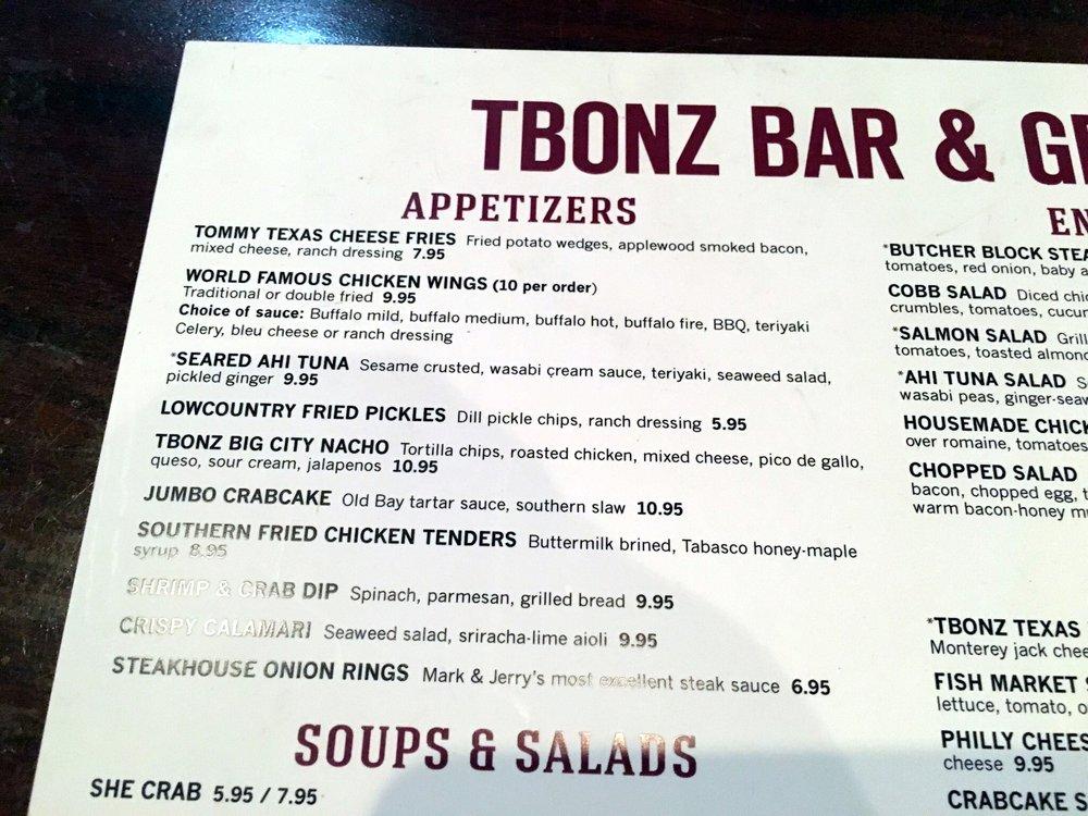 Menu at TBonz Gill & Grill steakhouse, Myrtle Beach, Seaboard St