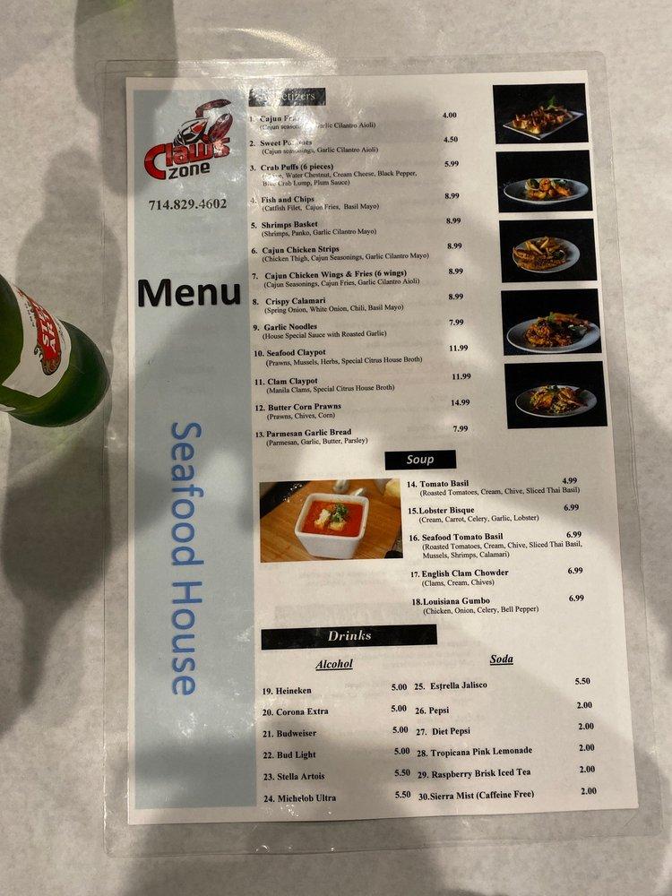 Menu at Claws Zone Anaheim restaurant, Anaheim