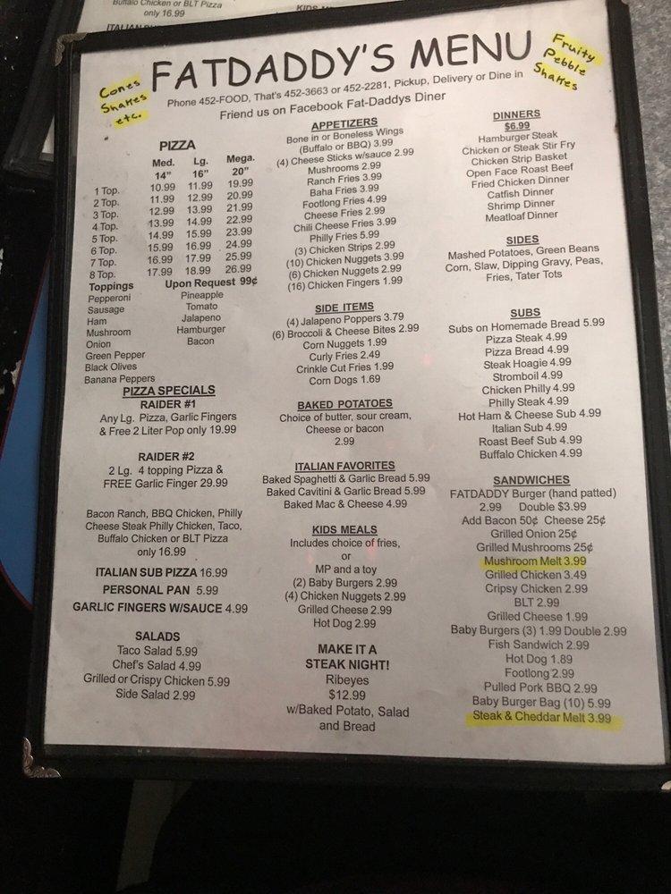 Carta de pizzería Fat Daddys, Bevinsville