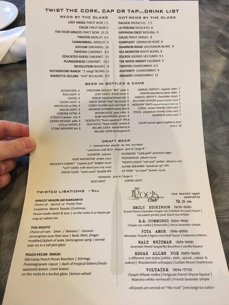 Menu at The Twisted Fork restaurant, Reno