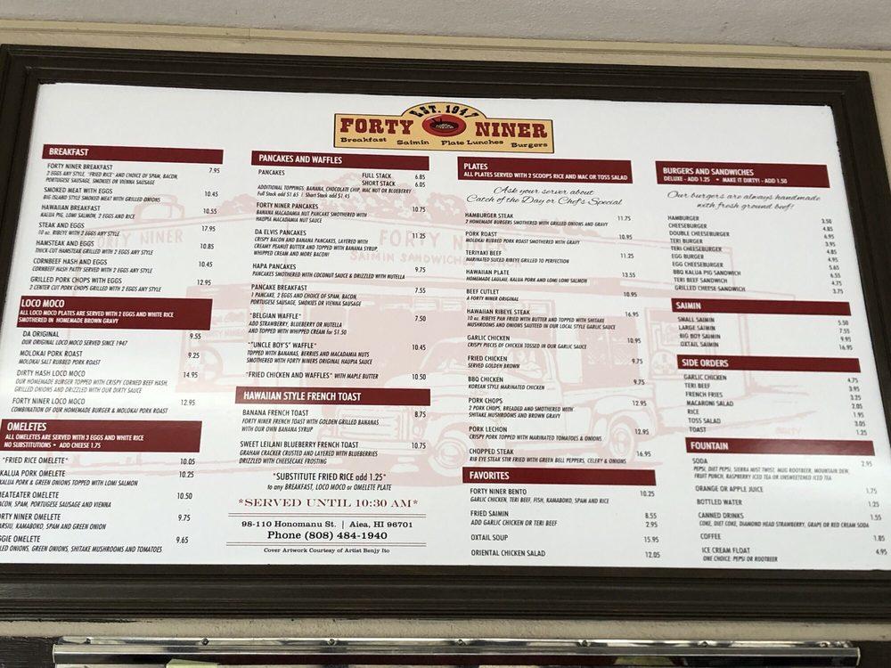 Menu at Forty Niner Restaurant, Aiea