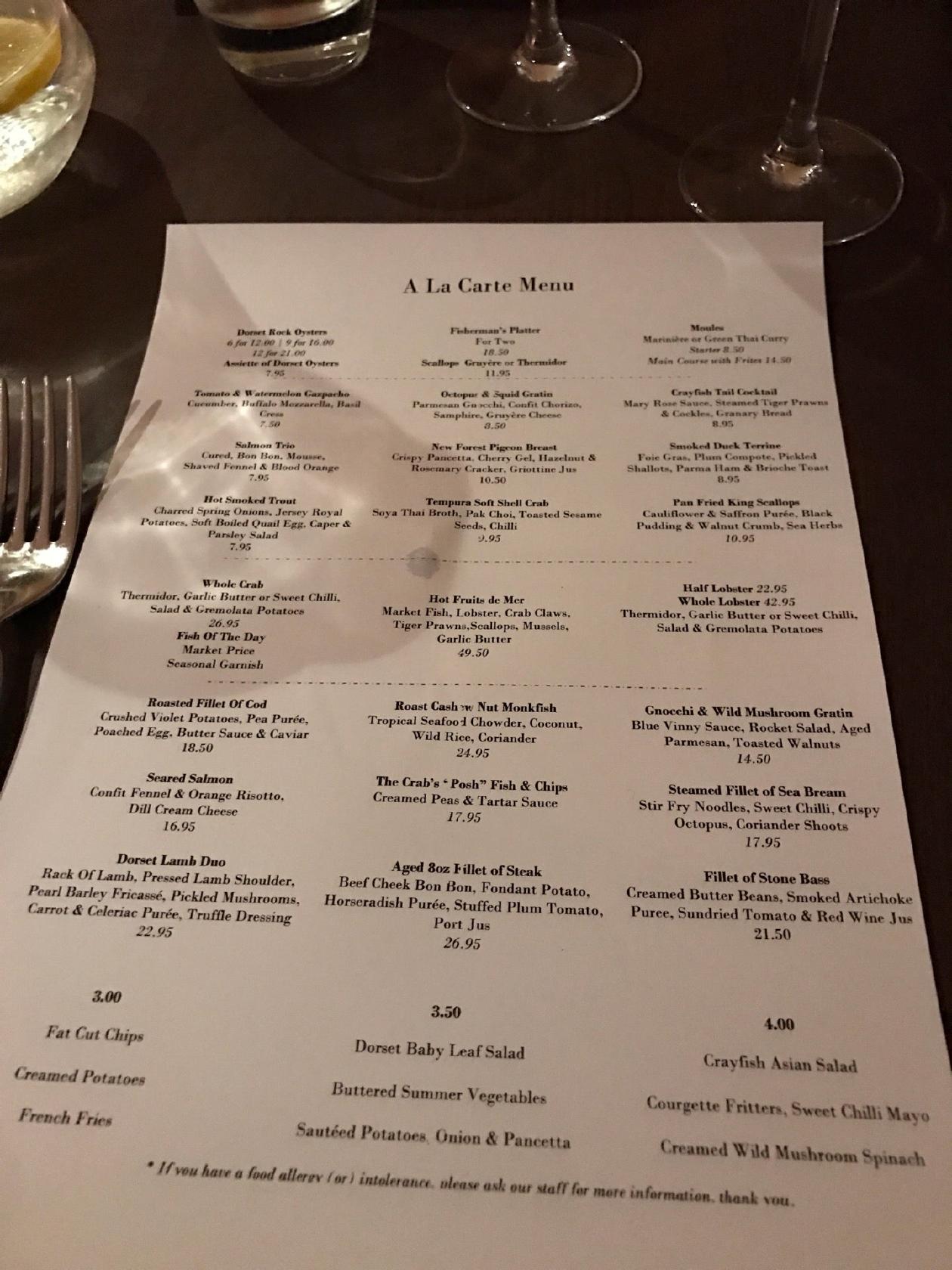Menu at Crab at Bournemouth restaurant, Bournemouth