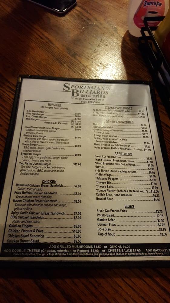 Menu at Sportsman's Grille & Billiards pub & bar, Evansville