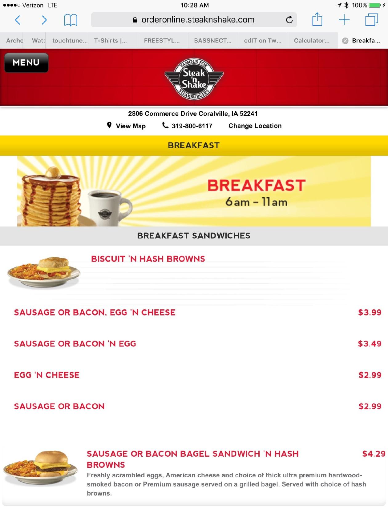 Menu at Steak 'n Shake fast food, Coralville