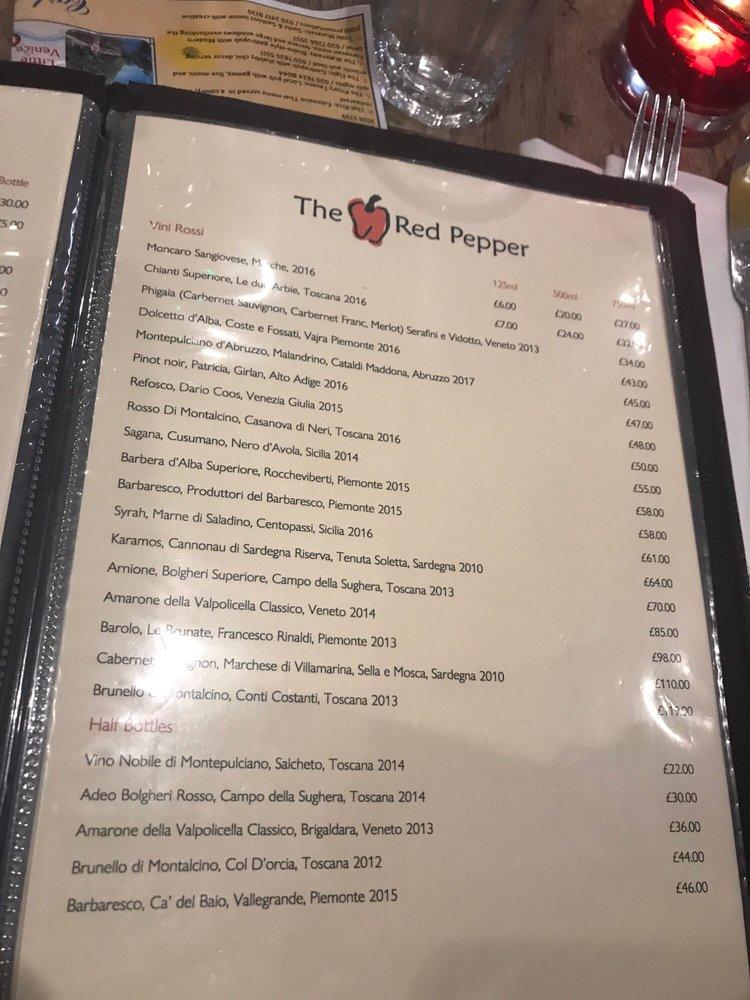 Menu at The Red Pepper restaurant, London, 8 Formosa St